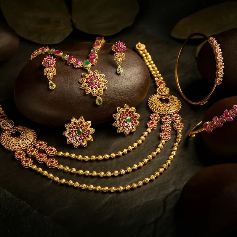 A gold jewellery set arranged on a dark surface